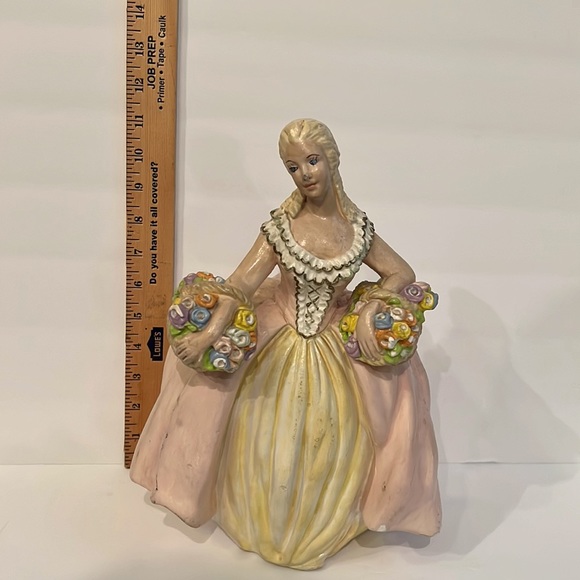 Vintage Chalkware 12” Victorian Lady With 2 Baskets of Flowers Figurine Doorstop - Picture 2 of 16